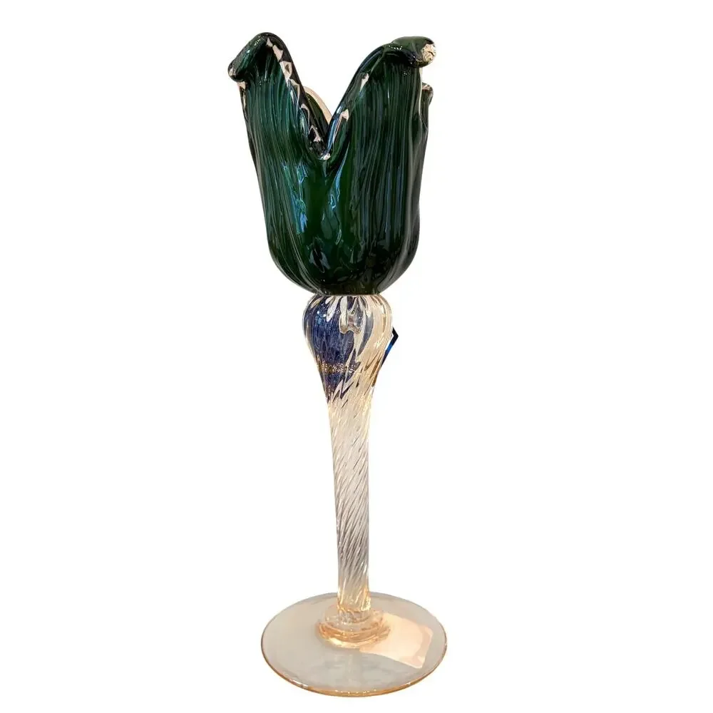 Italian Hand Blown Murano Art Glass Green Tulip Candle Holder Amber Stem 13